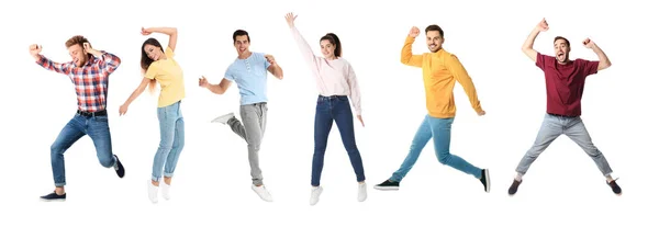 Коллаж Эмоциональных Людей Прыгающих Белом Фоне Баннерный Дизайн — стоковое фото