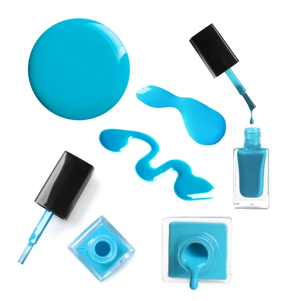 Collage Esmalte Uñas Azul Claro Sobre Fondo Blanco — Foto de Stock