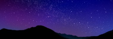 Dağ manzarası ve geceleri güzel yıldızlı gökyüzü. Pankart tasarımı
