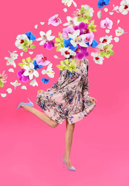 Creative spring fashion composition. Dancing girl and flowers splash