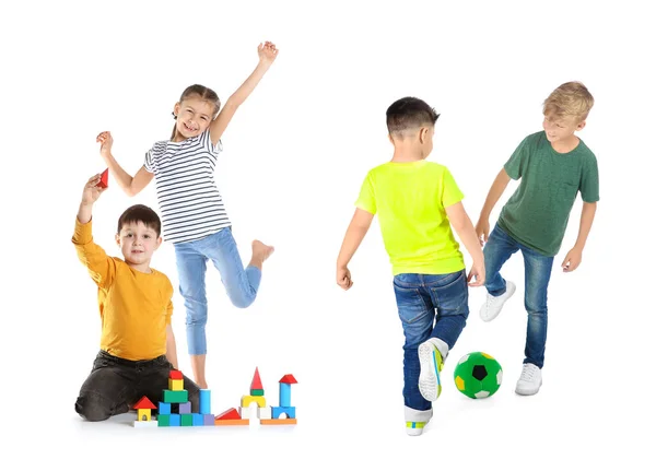 Collage Van Schattige Kleine Kinderen Spelen Witte Achtergrond — Stockfoto