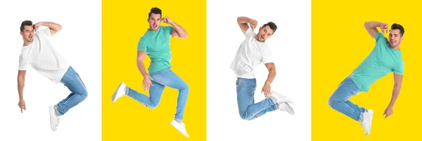 Collage Con Foto Uomo Abiti Moda Che Salta Diversi Sfondi — Foto Stock