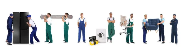 Colagem Com Fotos Trabalhadores Que Transportam Móveis Eletrodomésticos Fundo Branco — Fotografia de Stock