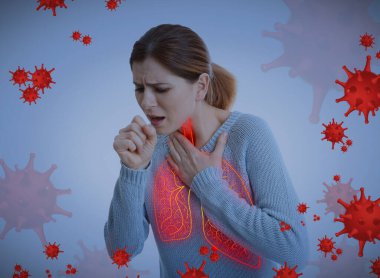 Woman with diseased lungs surrounded by viruses on blue background clipart