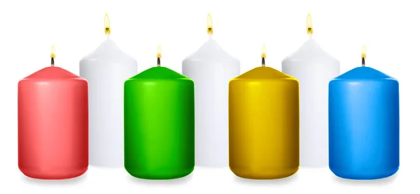 Set Burning Color Candles White Background Banner Design — Stock Photo, Image