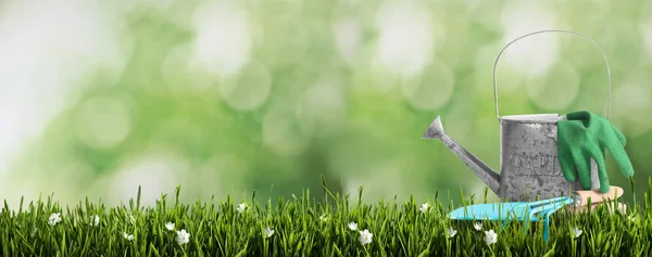 Set of gardening tools on green grass against blurred background, space for text. Banner design