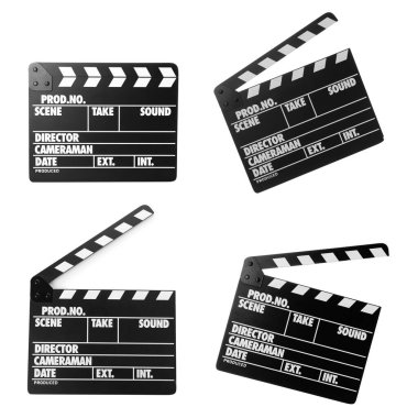 Beyaz arkaplanda bir set el çırpma tahtası. Sinema yapımı