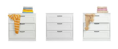 Collage with chests of drawers on white background. Banner design clipart