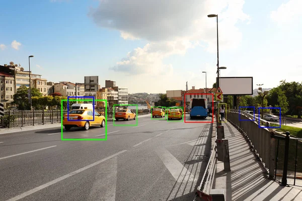 Estrada Cidade Com Quadros Scanner Carros Livre Aprendizagem Automática — Fotografia de Stock
