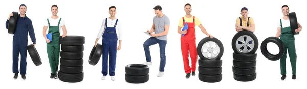 Collage Photos Young Male Mechanic Tires White Background Banner Design — Stock Photo, Image