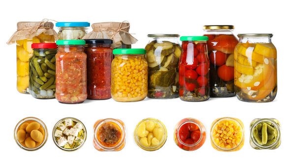 Set of jars with pickled vegetables on white background. Banner design