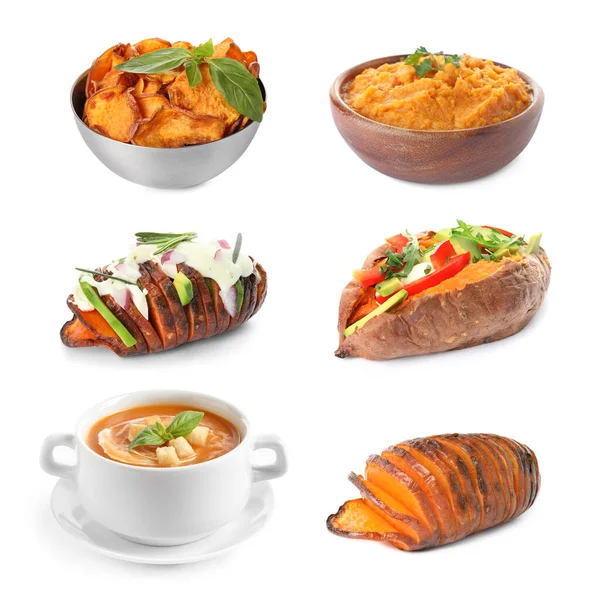 Набор Вкусных Блюд Сладкого Картофеля Белом Фоне — стоковое фото