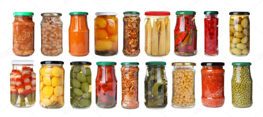 Set of jars with pickled vegetables, sauces and mushrooms on white background. Banner design