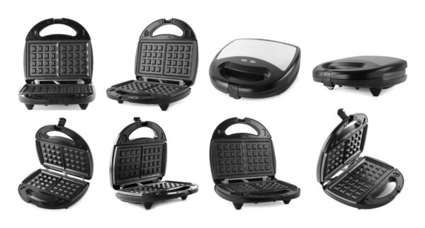 Set with modern electric waffle makers on white background