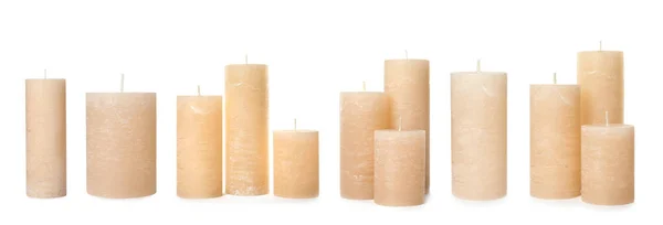 Set Velas Cera Color Sobre Fondo Blanco Diseño Banner — Foto de Stock