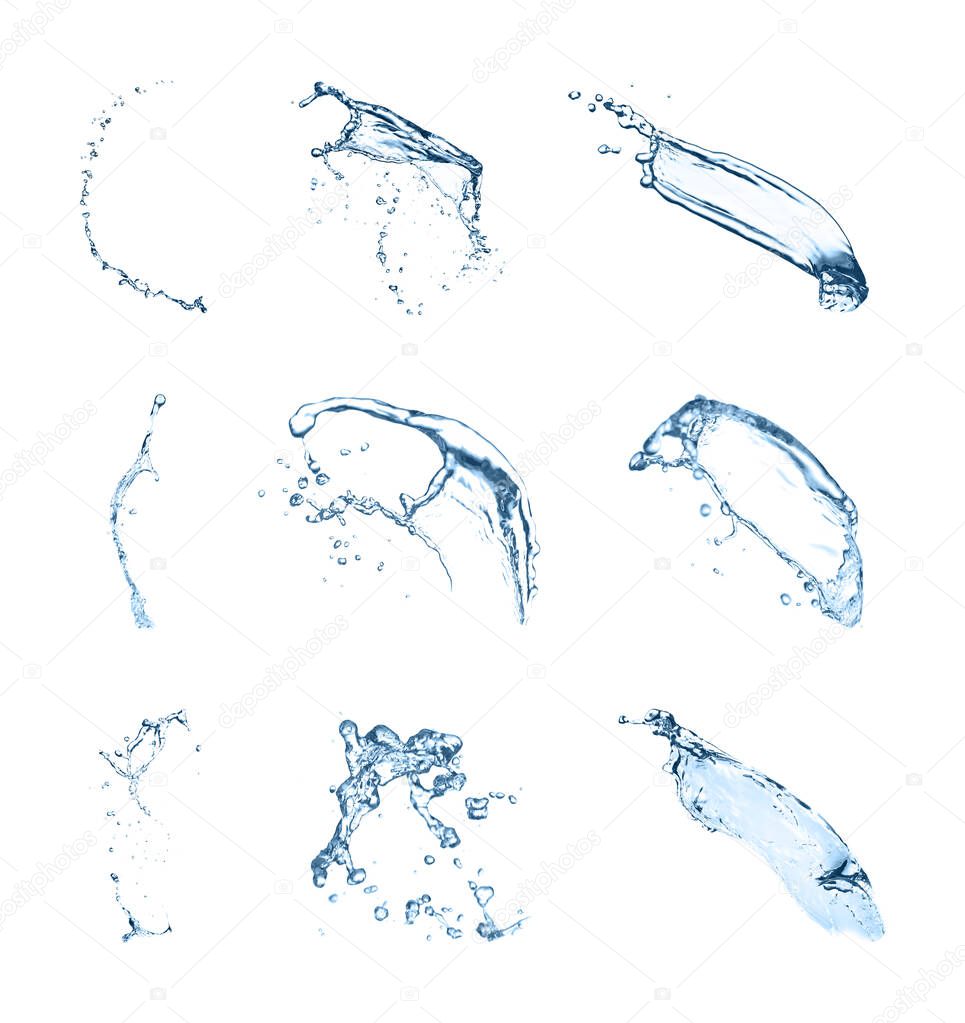 Set with clear water splashes on white background