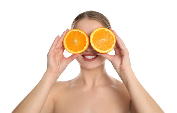 Young Woman Cut Orange White Background Vitamin Rich Food — Stock Photo, Image