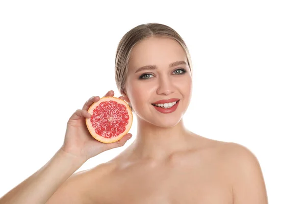 Young Woman Cut Grapefruit White Background Vitamin Rich Food — Stock Photo, Image