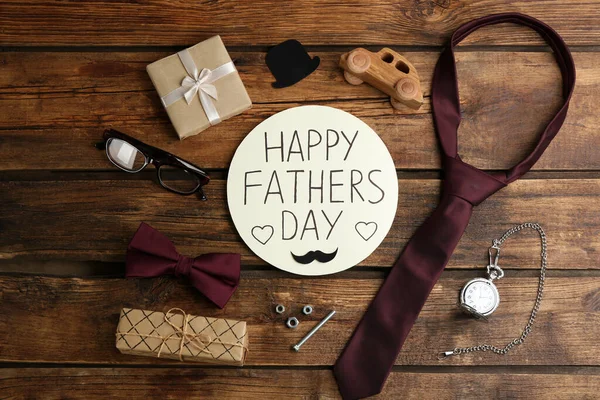 Flat Lay Composition Greeting Card Happy Father Day Wooden Background — Stock Photo, Image