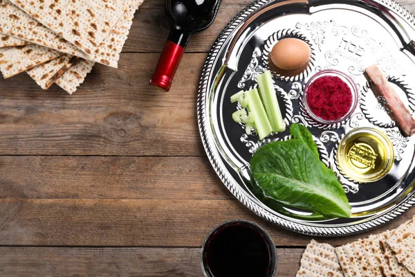 Flat Lay Composition Passover Seder Plate Keara Wooden Table Space — Stock Photo, Image