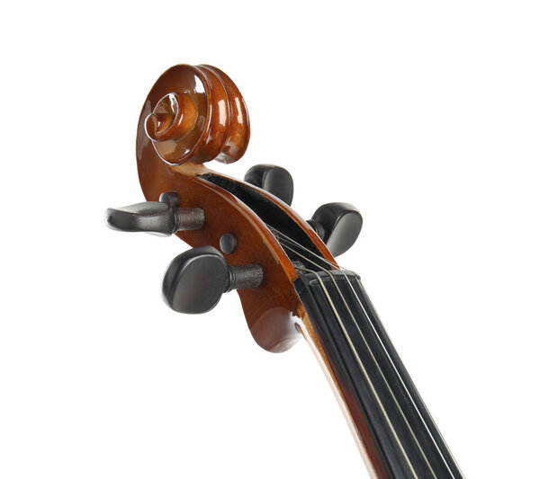 Красивая классическая скрипка, изолированная на белом, крупным планом. Музыкальный инструмент
