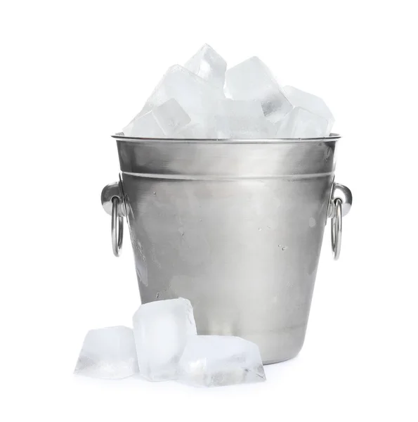 Metal Bucket Ice Cubes Isolated White — Stock Photo, Image