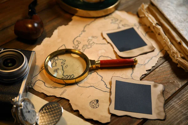 Composition Vintage Detective Items Wooden Table — Stock Photo, Image