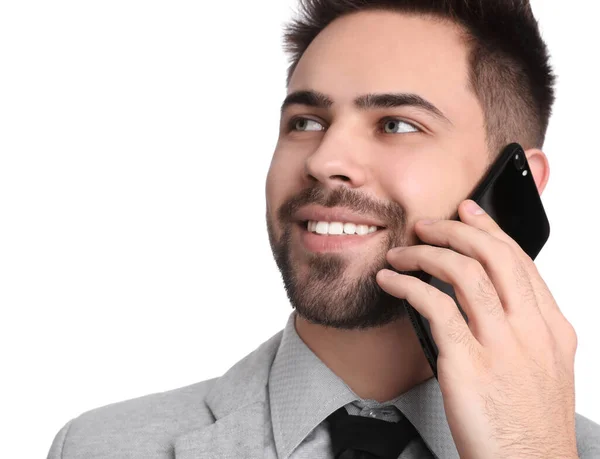 Jonge Zakenman Aan Het Praten Smartphone Tegen Witte Achtergrond — Stockfoto