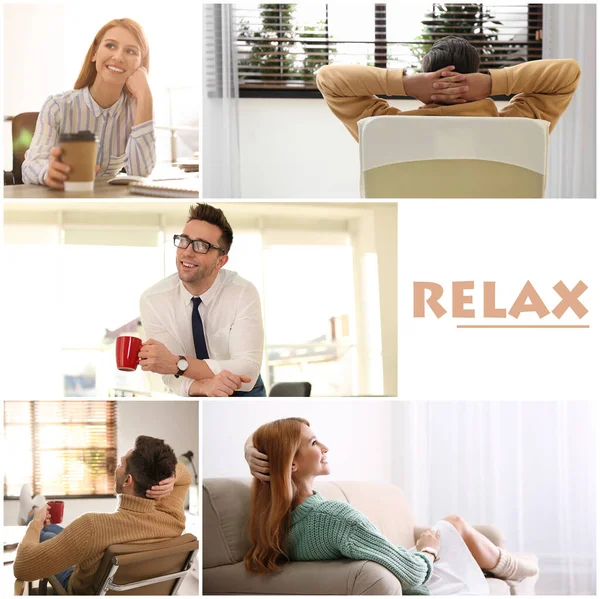 Collage Verschiedener Menschen Die Sich Haus Ausruhen Und Wort Relax — Stockfoto