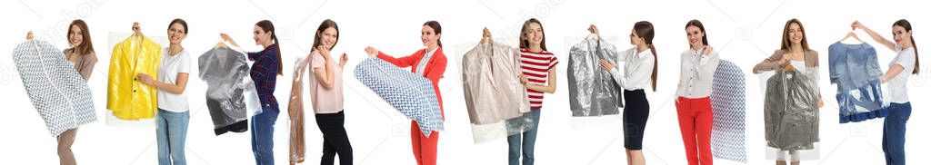 Collage of women holding hanger with clothes on white background. Dry-cleaning service