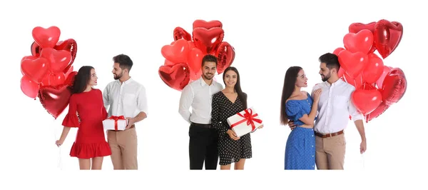 Beyaz Arka Planda Kalp Şeklinde Balonları Olan Mutlu Çiftler Kolajı — Stok fotoğraf