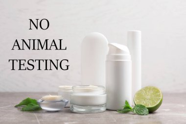 Kozmetik ürünler ve metin Işık arkaplanı üzerinde Hayvana Hayır Testi