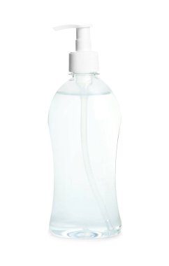 Üzerinde antiseptik jel olan şeker şişesi beyaza izole edilmiş.