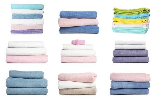 Set Folded Soft Terry Towels White Background — Stock Photo, Image