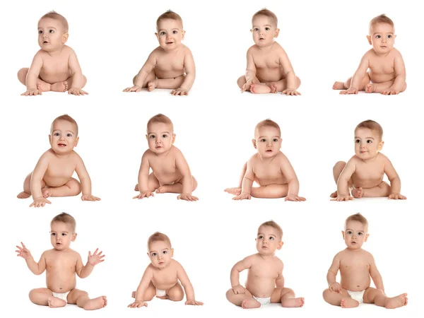Collage Cute Little Baby White Background — Stock Photo, Image