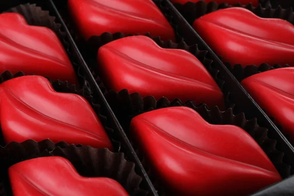 Heerlijke Lipvormige Chocolade Snoepjes Doos Close — Stockfoto