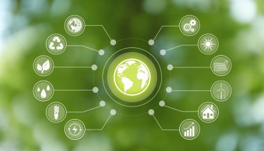 Enerji verimliliği kavramı. Yeşil arkaplanda farklı simgeler