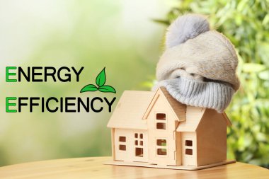 Enerji verimliliği kavramı. Masasında şapka olan ahşap ev modeli.