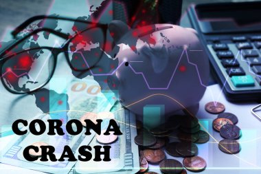 Corona kaza yaptı. Domuz kumbarası ve para masada.
