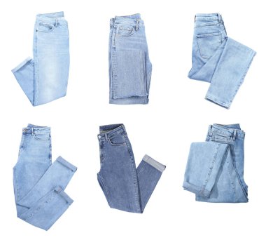 Beyaz arkaplanda şık kot pantolon ile ayarlandı