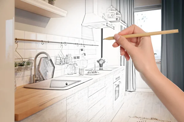 Woman drawing kitchen interior design. Combination of photo and sketch