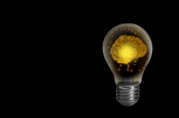 Lamp Bulb Human Brain Black Background Space Text Idea Generation — Stock Photo, Image