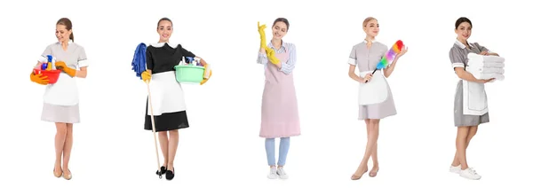Collage Mit Zimmermädchen Auf Weißem Hintergrund Bannerdesign — Stockfoto