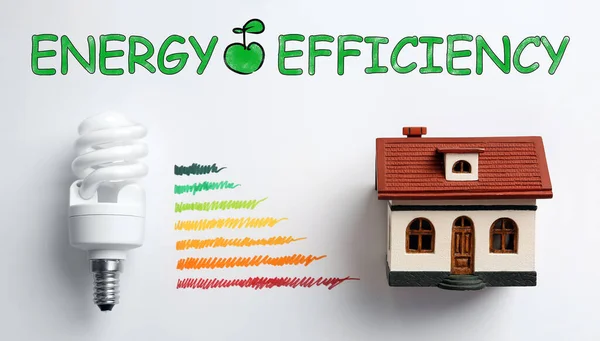 Concept Efficacité Énergétique Graphique Coloré Modèle Maison Lampe Sur Fond — Photo