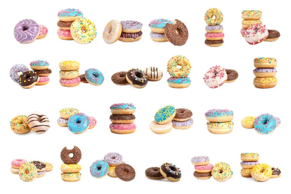 Set Different Delicious Donuts White Background — Stock Photo, Image