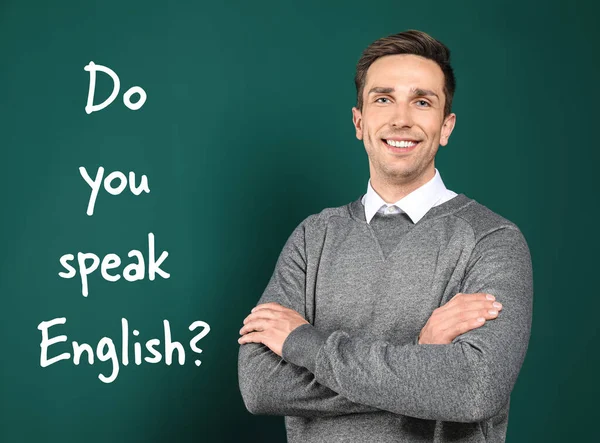 Young Teacher Chalkboard Question You Speak English — стоковое фото