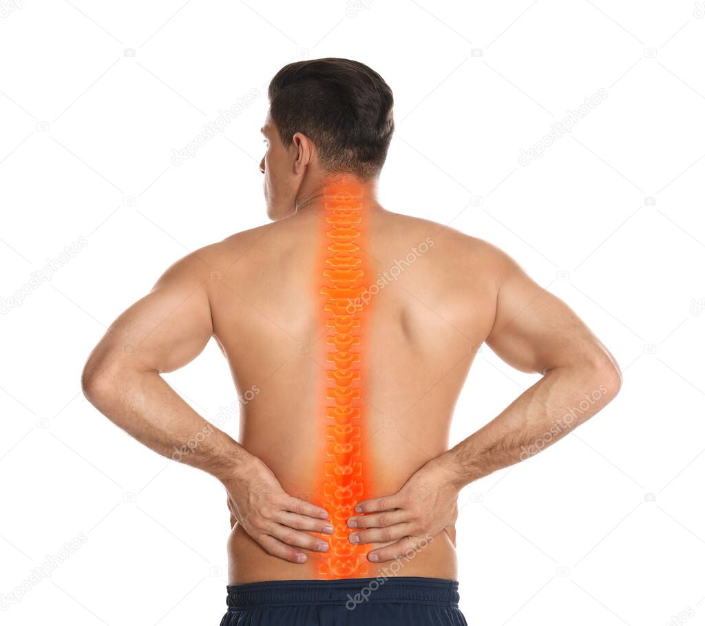 Man suffering from pain in spine on white background