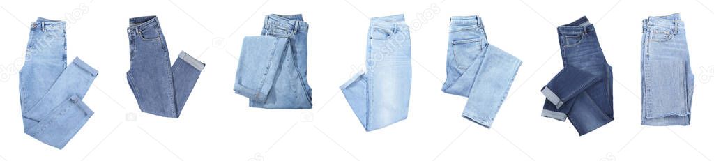 Set with stylish jeans on white background. Banner design