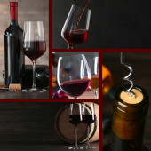 Set s brýlemi a lahvemi červeného vína