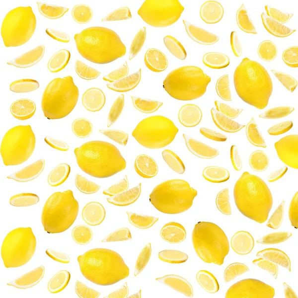 Conjunto Deliciosos Limões Fundo Branco — Fotografia de Stock